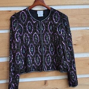 Stenay Vintage Silk Beaded Sequin Jacket Black Purple Teal Geometric Formal M